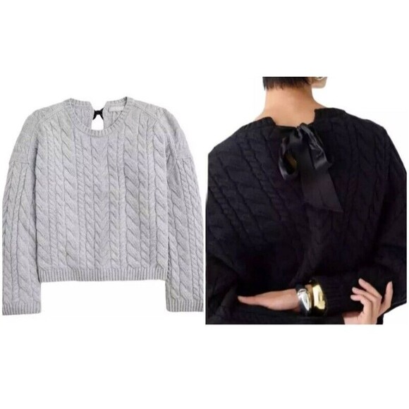 J. Crew Cable Knit Heather Gray Wool Blend w Back Tie Sweater Size M NWT - Picture 2 of 12
